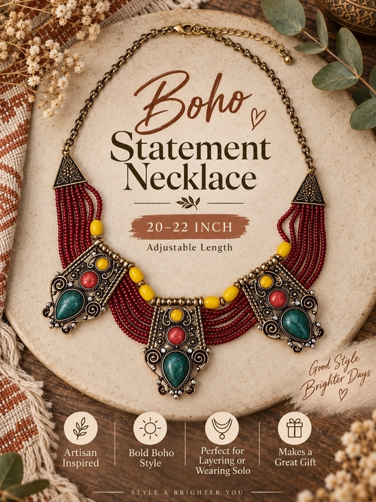 mimilanefashion Jewelry - 706 Boho Statement Necklace in Red with Turquoise & Yellow Accents